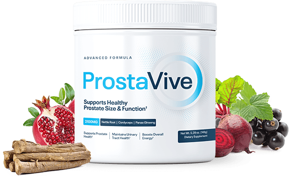ProstaVive bottle, prostate-support dietary supplement powder, shown with pomegranate, beet, black currant, and roots